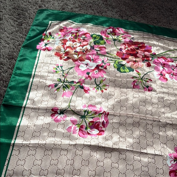 Floral Silk Scarf with Green Border - Picture 2 of 6